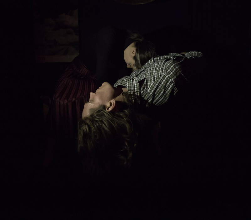 Two bodies lay on a table. A man in a plaid shirt arches back. A woman nestles in by his side.